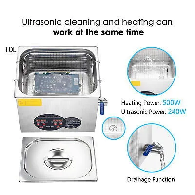 10L Stainless Steel Ultrasonic Cleaner Heater w/ Timer Bracket Jewelry Cleaning