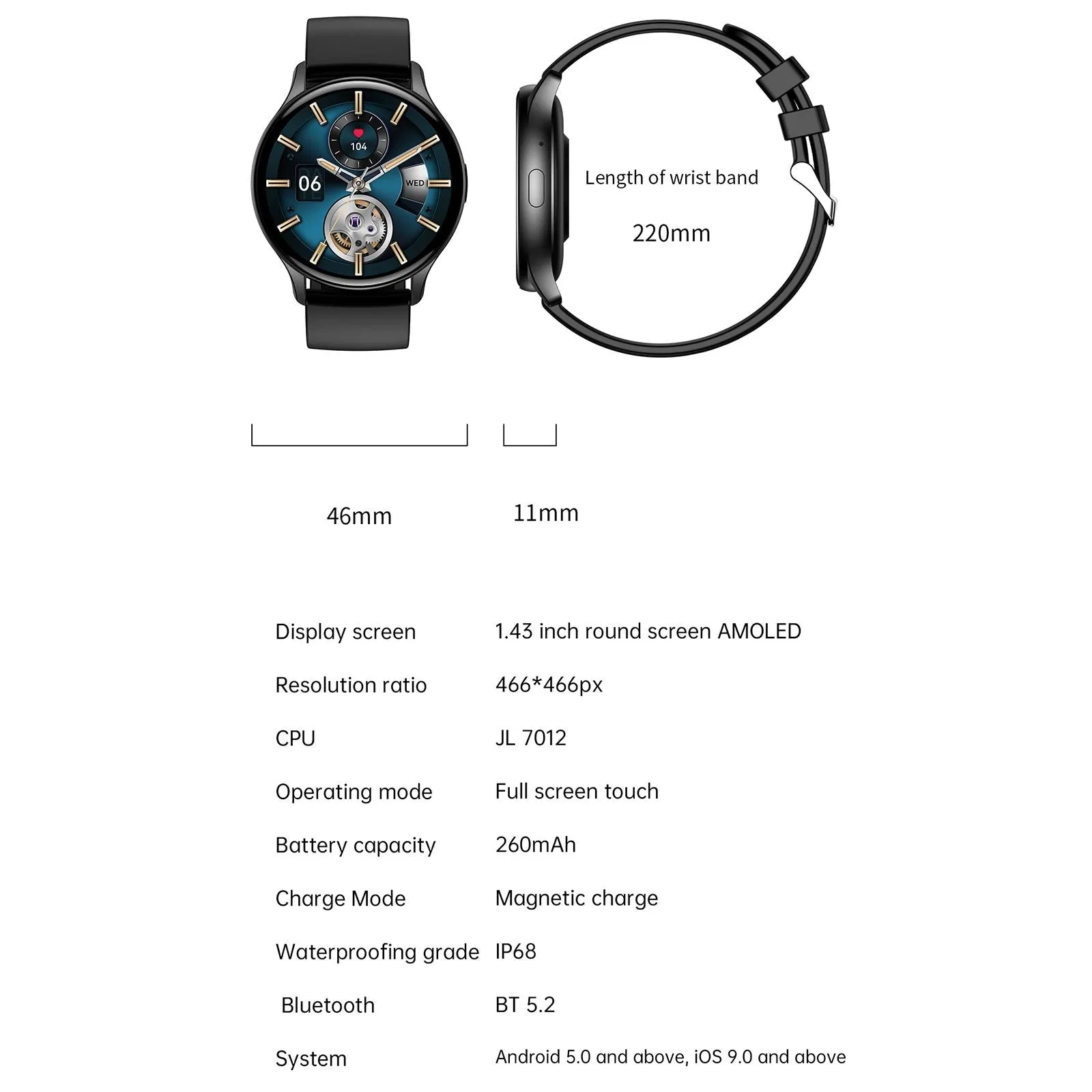 1.43 Inch Bt5.0 Ip67 Sport Smart Watch Support Bluetooth Call / Message Notification / Heart Rate / Blood Pressure Health Monitor