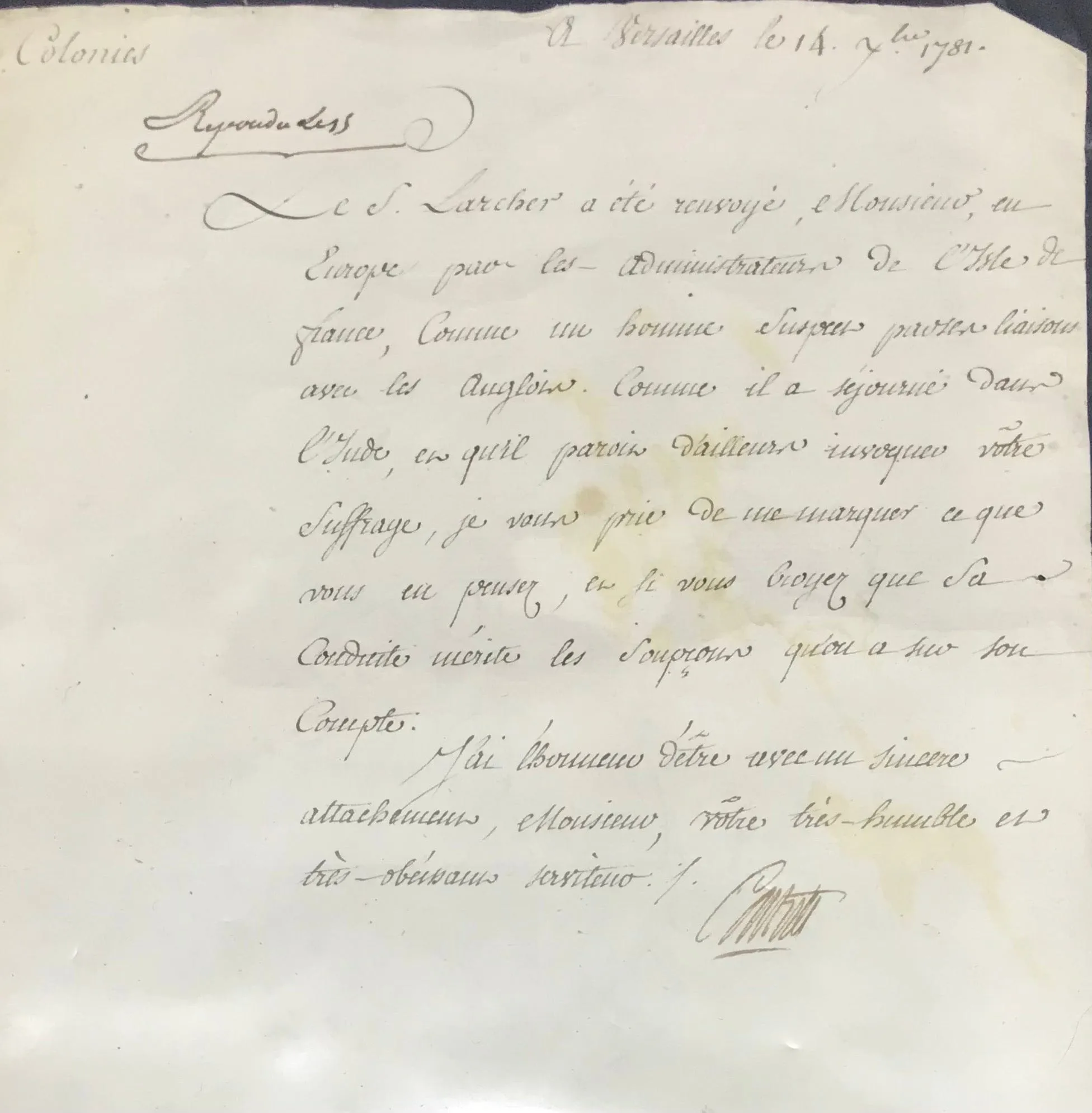 1781 French Espionage Letter - $3K Appraisal Value w/ CoA!