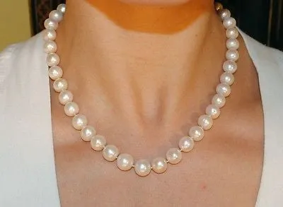 18" Genuine 10mm White Pearl Necklace with Pink Hue & White Gold Clasp - $15K VALUE