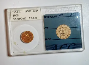 1908 Indian Head $2.50 Coin MS-63 (ACG) - $1.5K APR Value w/ CoA! ✿✓