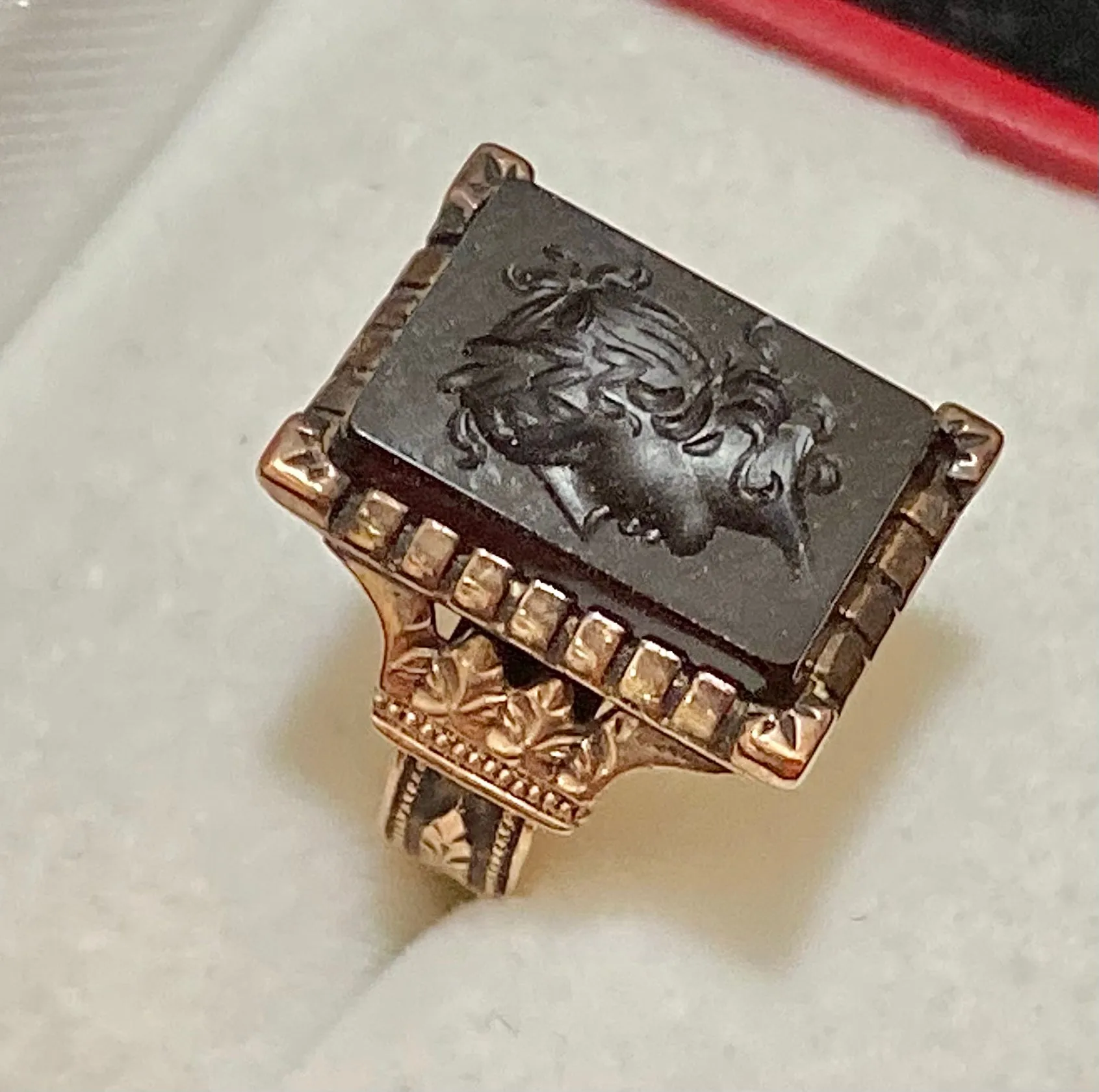 1910’s Unique Designer Solid Rose Gold with Intaglio Onyx Signet Ring - $10K Appraisal Value w/CoA}