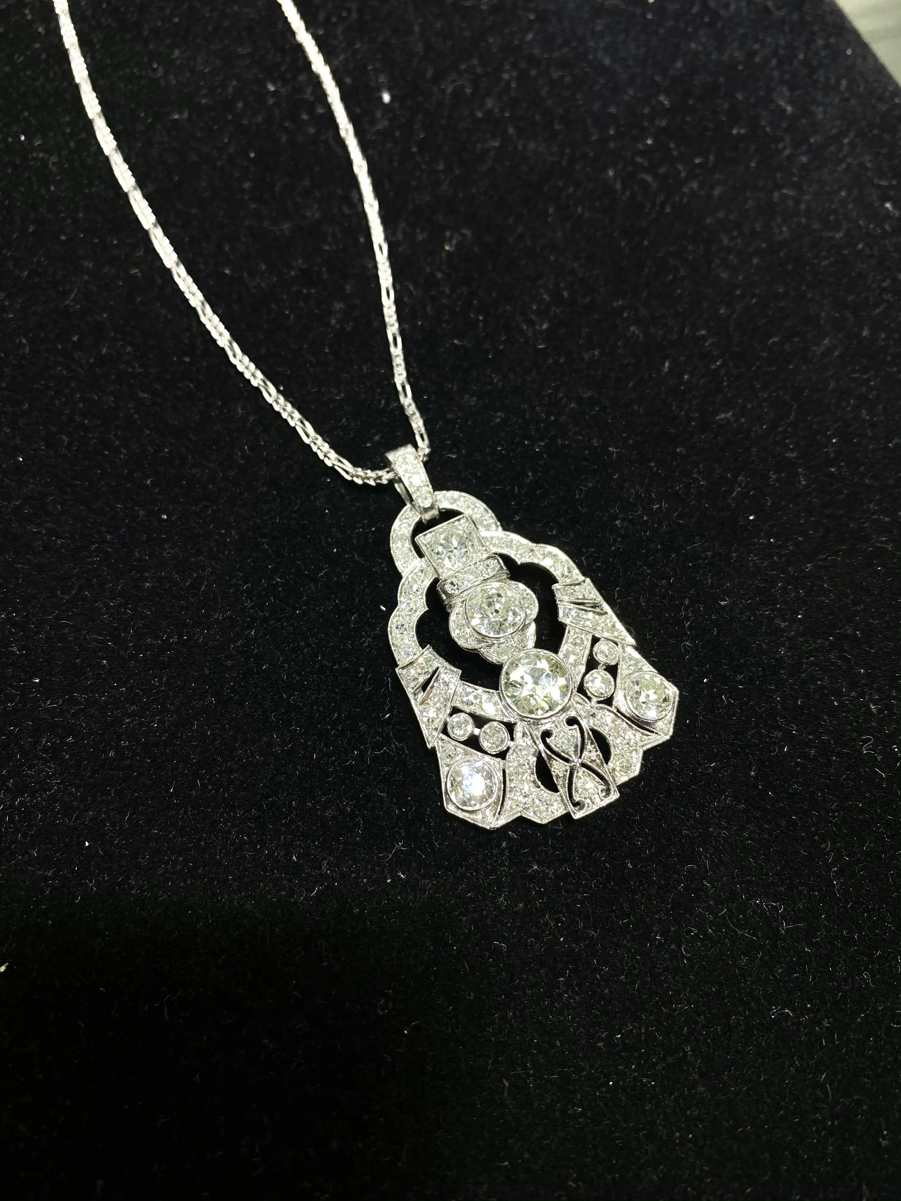 1920’s Antique Design Platinum and 14K White Gold  Pendant Necklace w/ 49 Diamonds! - $75K Appraisal Value w/CoA!