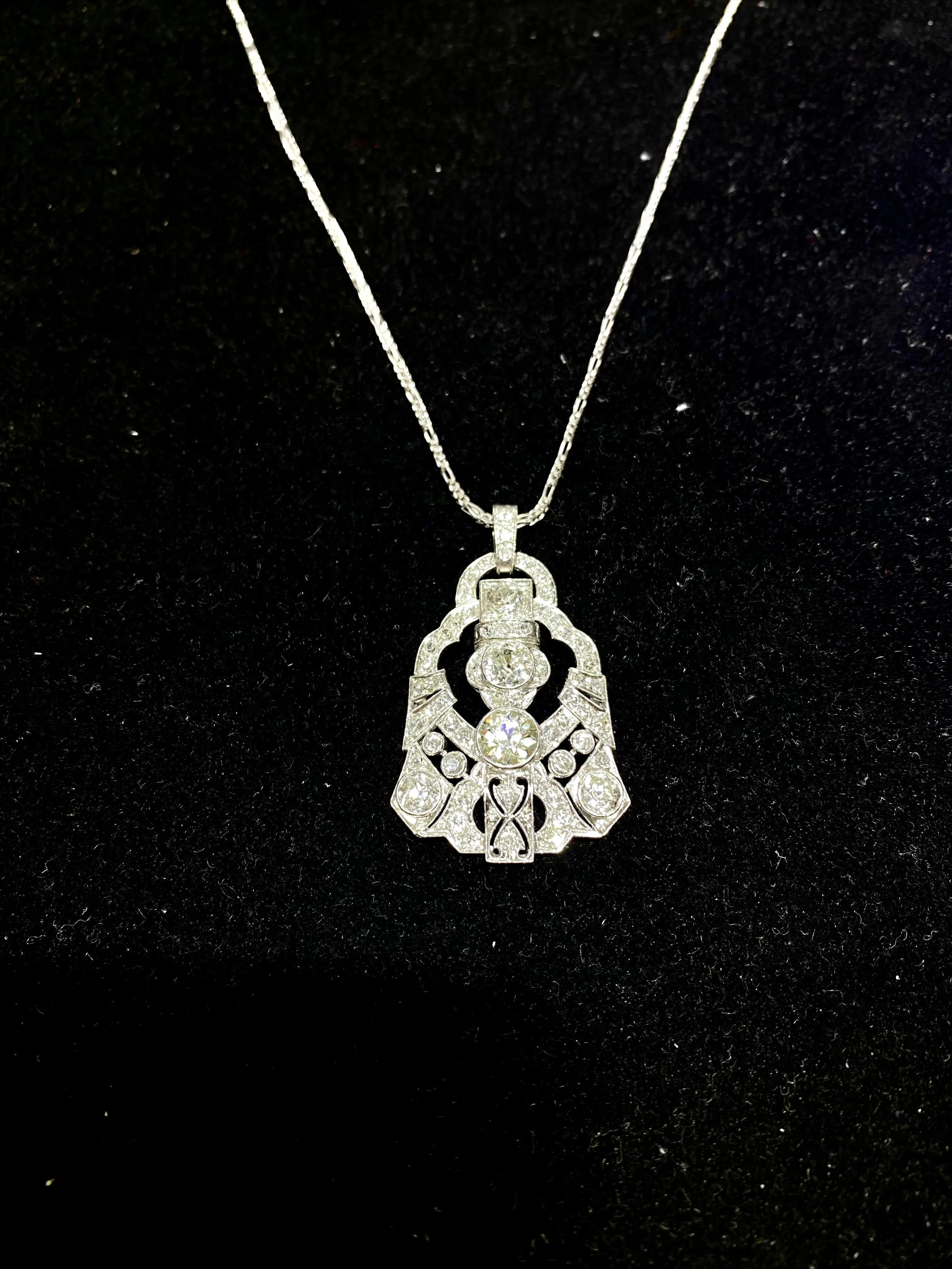1920’s Antique Design Platinum and 14K White Gold  Pendant Necklace w/ 49 Diamonds! - $75K Appraisal Value w/CoA!