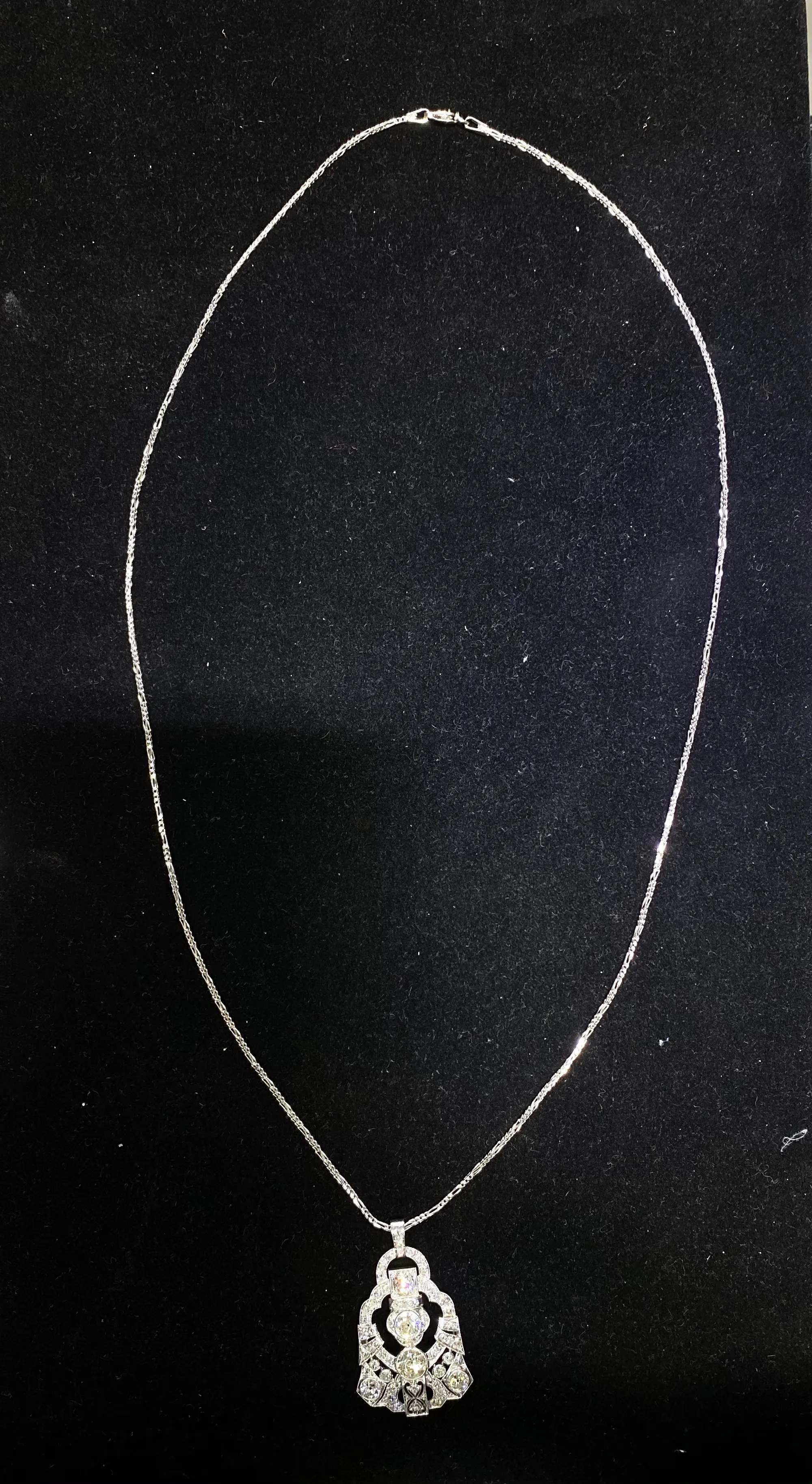 1920’s Antique Design Platinum and 14K White Gold  Pendant Necklace w/ 49 Diamonds! - $75K Appraisal Value w/CoA!