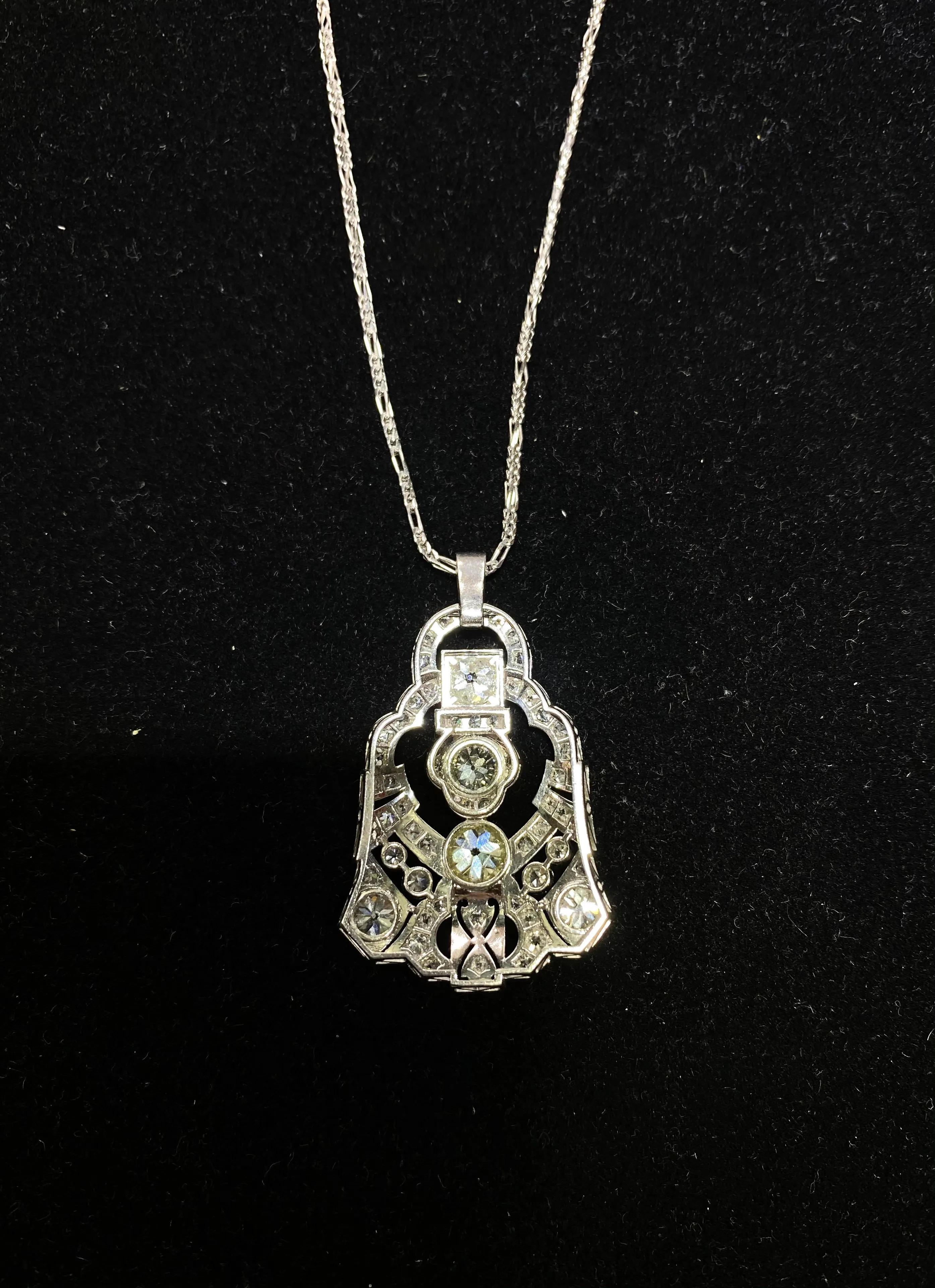 1920’s Antique Design Platinum and 14K White Gold  Pendant Necklace w/ 49 Diamonds! - $75K Appraisal Value w/CoA!