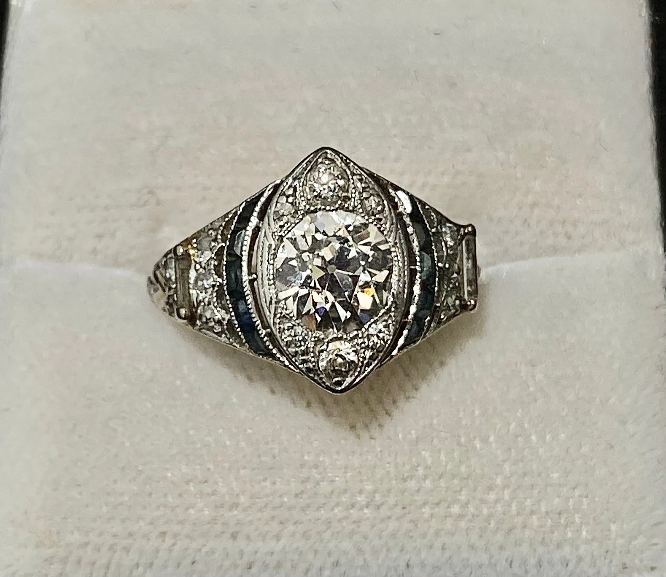 1920's Antique Platinum Old European Diamond & Sapphire Ring - $50K Appraisal Value w/CoA}