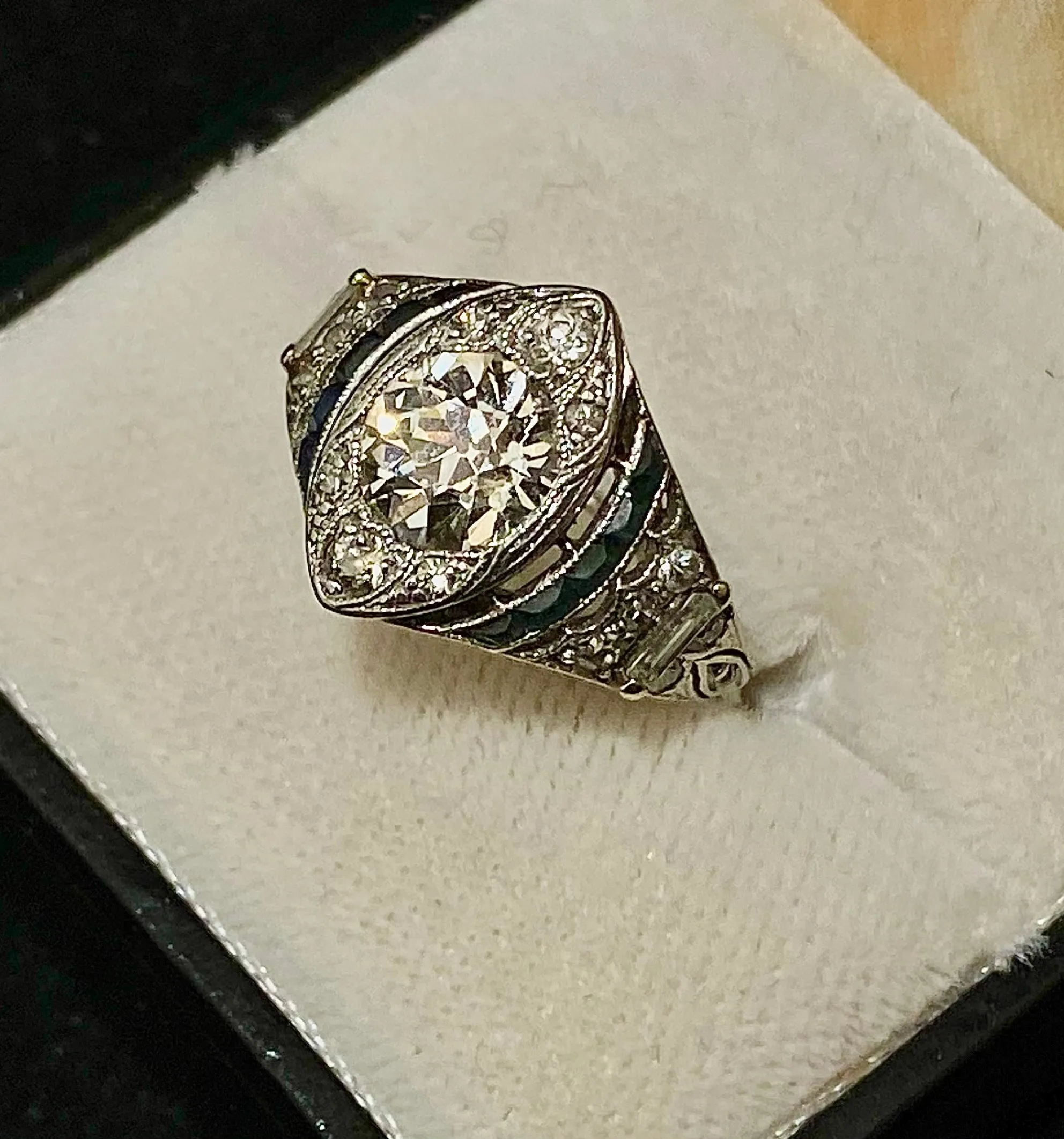 1920's Antique Platinum Old European Diamond & Sapphire Ring - $50K Appraisal Value w/CoA}