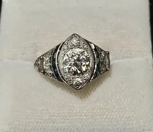 1920's Antique Platinum Old European Diamond & Sapphire Ring - $50K Appraisal Value w/CoA}