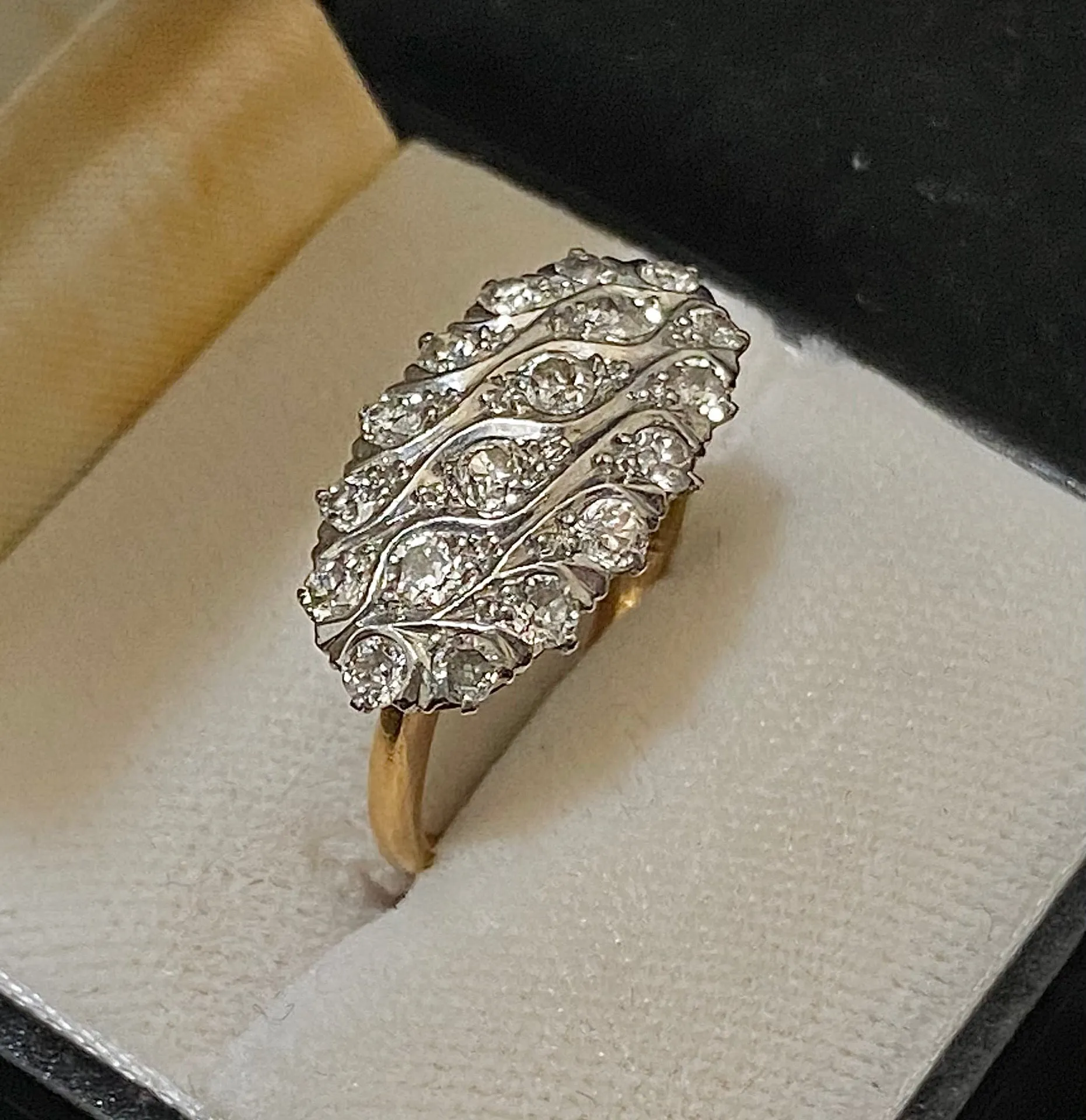 1920s Antique Solid Rose Gold/Platinum Ring with 18-Old Mine Diamonds - $10K Appraisal Value w/CoA}