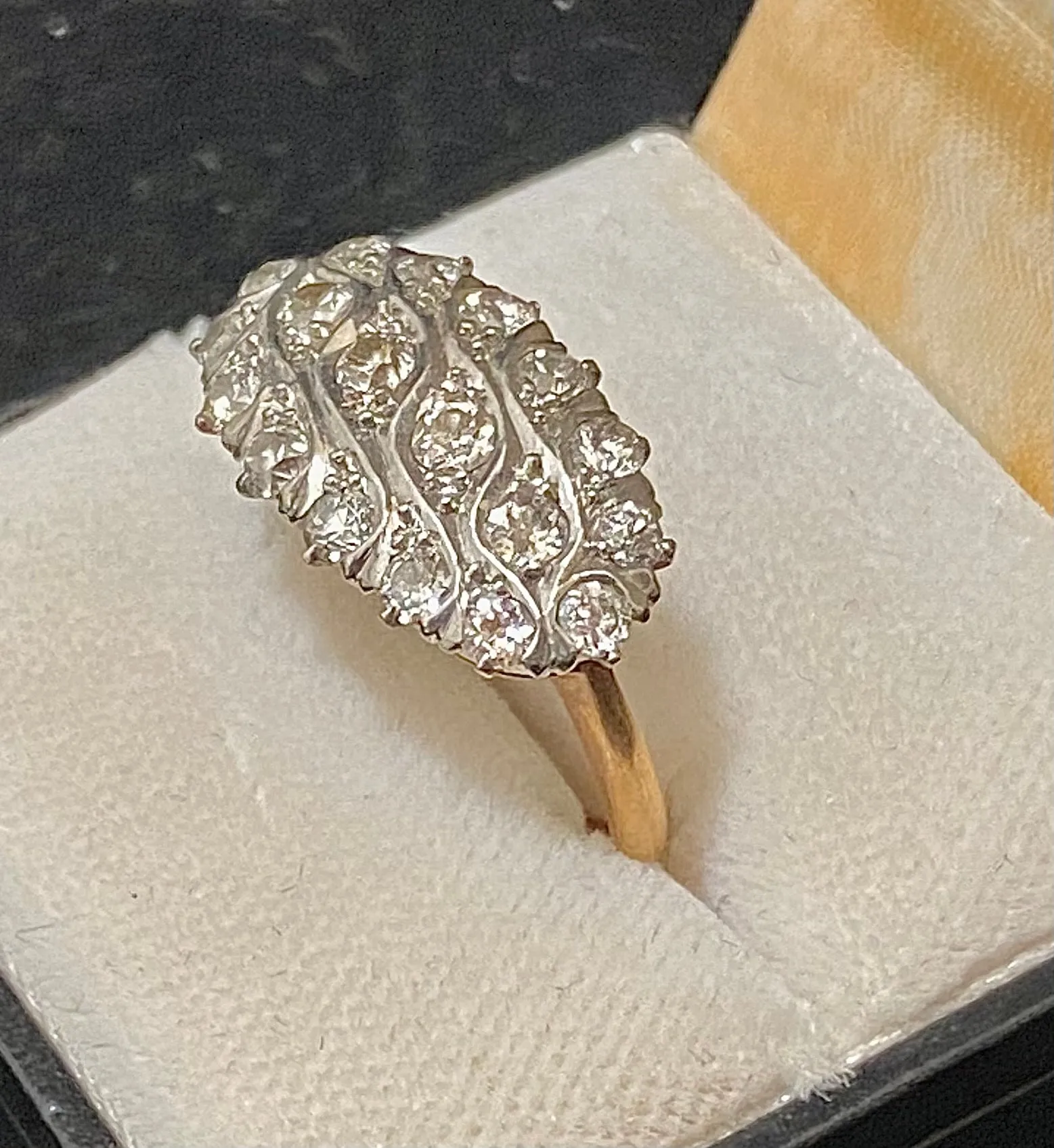 1920s Antique Solid Rose Gold/Platinum Ring with 18-Old Mine Diamonds - $10K Appraisal Value w/CoA}
