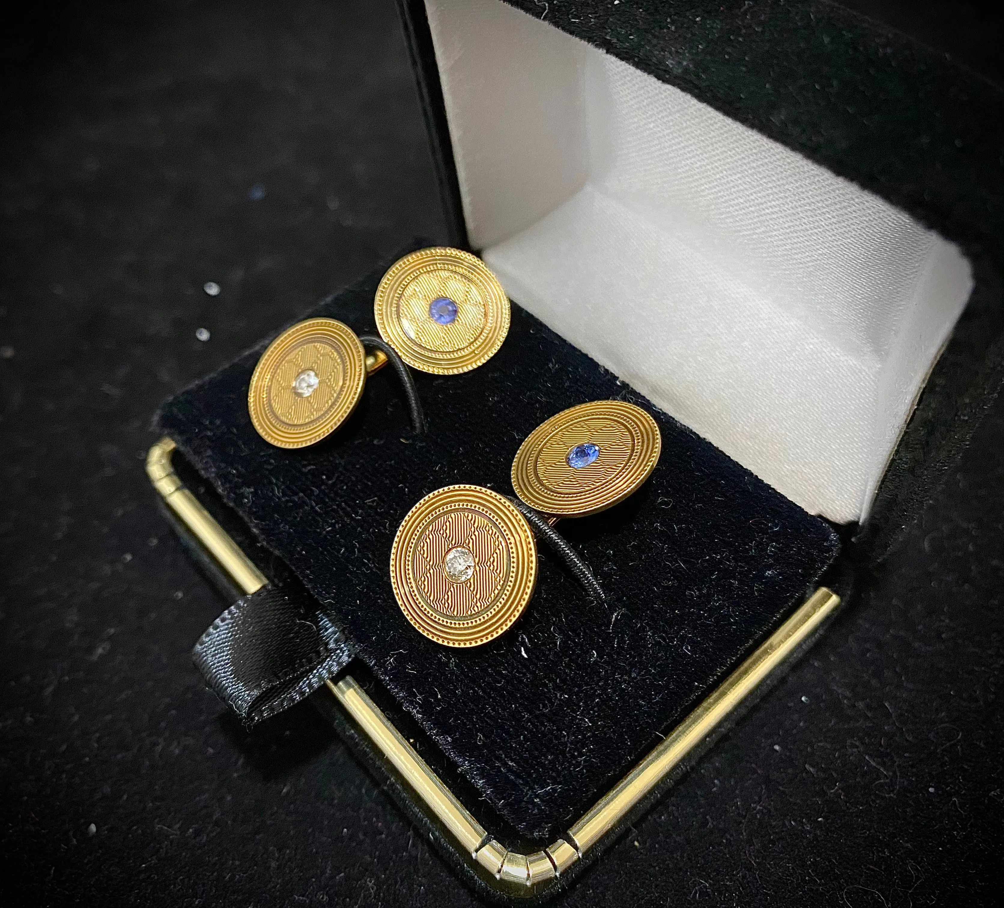 1920's European Designer Solid Yellow Gold Cufflinks with Diamond & Sapphire - $8K Appraisal Value w/ CoA!}
