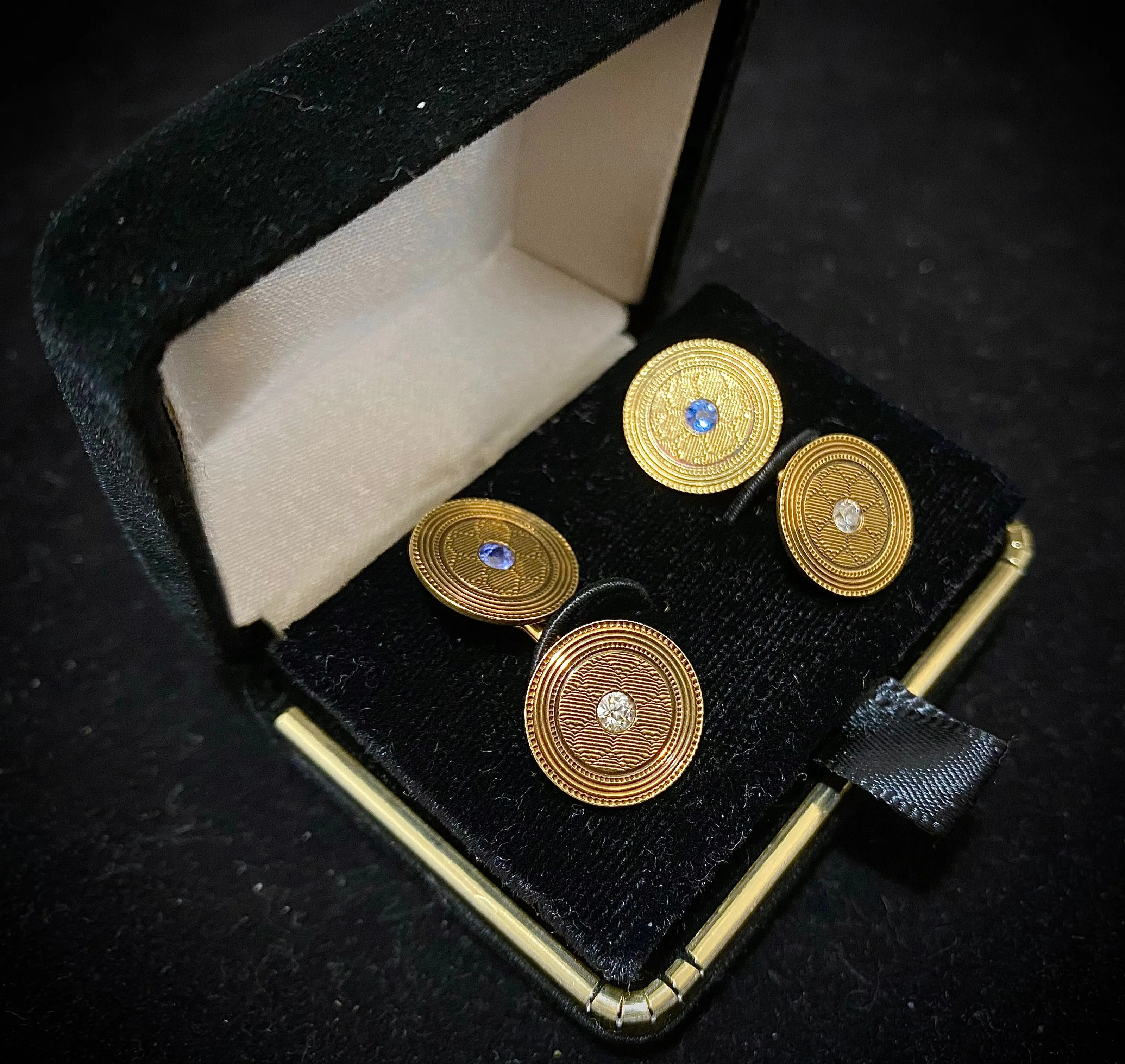 1920's European Designer Solid Yellow Gold Cufflinks with Diamond & Sapphire - $8K Appraisal Value w/ CoA!}