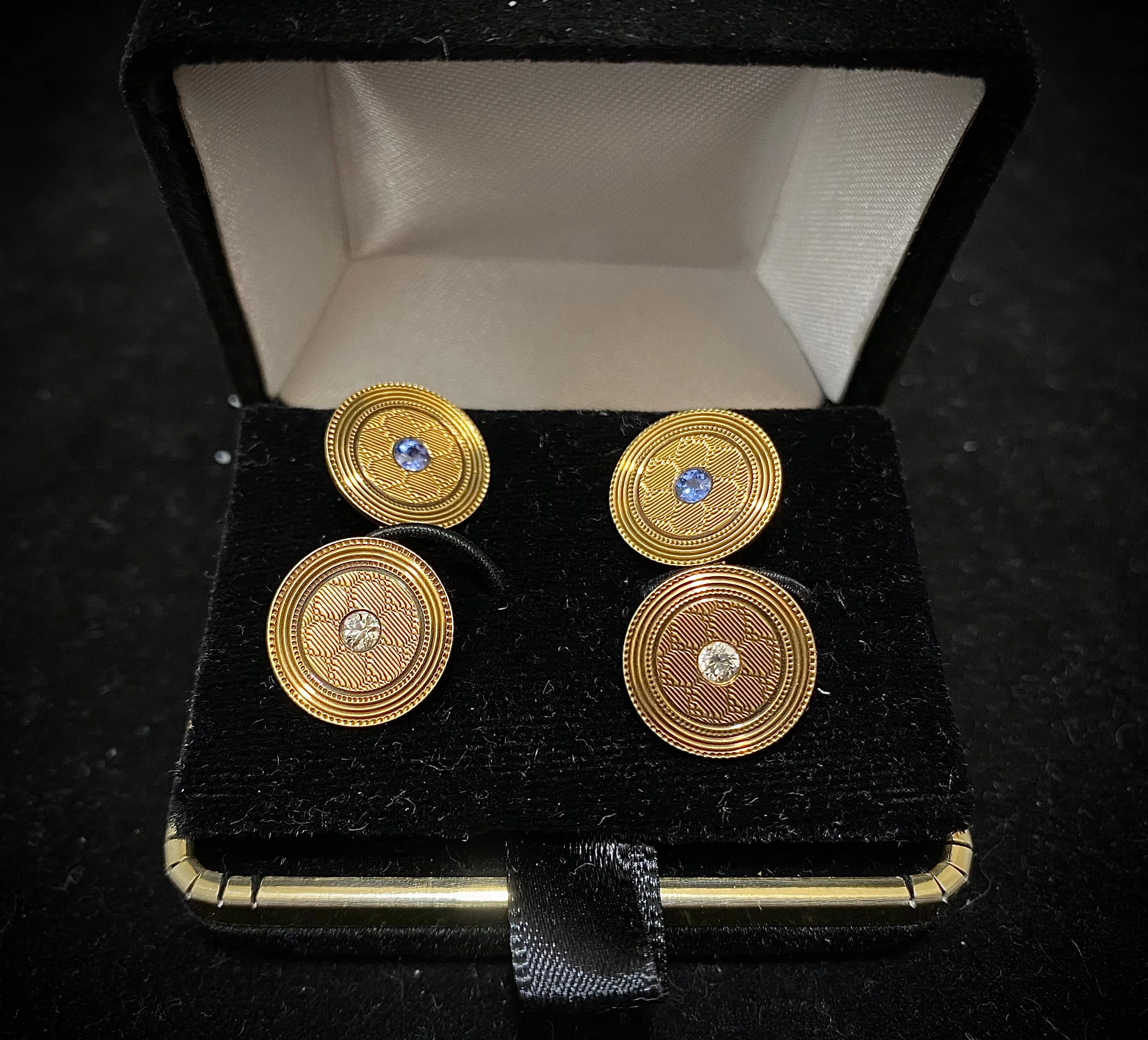 1920's European Designer Solid Yellow Gold Cufflinks with Diamond & Sapphire - $8K Appraisal Value w/ CoA!}