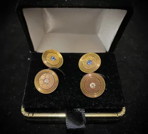 1920's European Designer Solid Yellow Gold Cufflinks with Diamond & Sapphire - $8K Appraisal Value w/ CoA!}