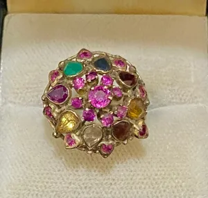 1930's Antique Designer Solid Yellow Gold 5-Carats Multi-Gemstone Ring - $10K Appraisal Value w/CoA}