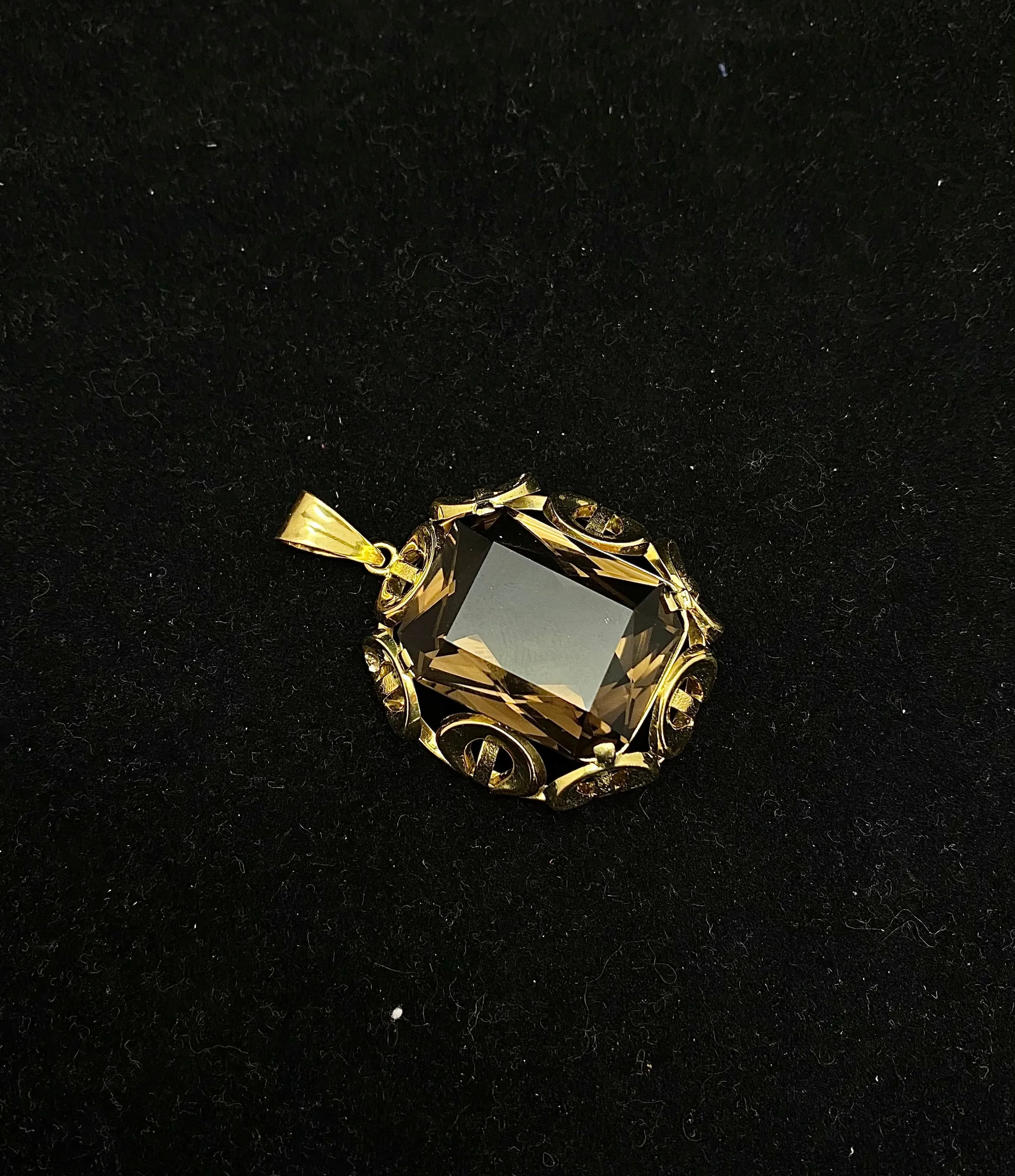 1940's Art Deco Designer Solid Yellow Gold 50 Ct. Smoky Quartz Pendant -$6K Appraisal Value w/ CoA!