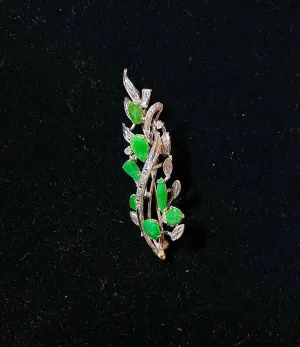 1940's Designer WG  Diamonds/Green Jades Leaves Motif Brooch/Pin w $6K COA !!!}