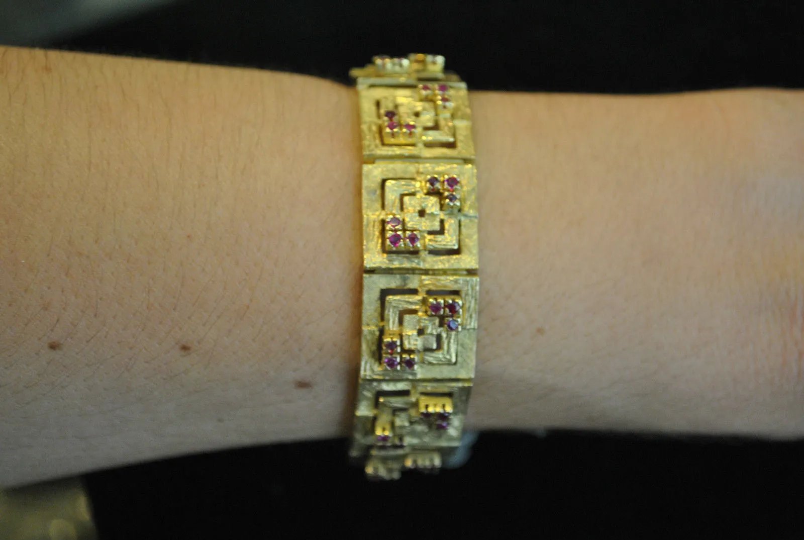 1940s Greek Key Motif 18K Yellow Gold Bracelet with 2.50 Carats of Set Rubies - $30K VALUE