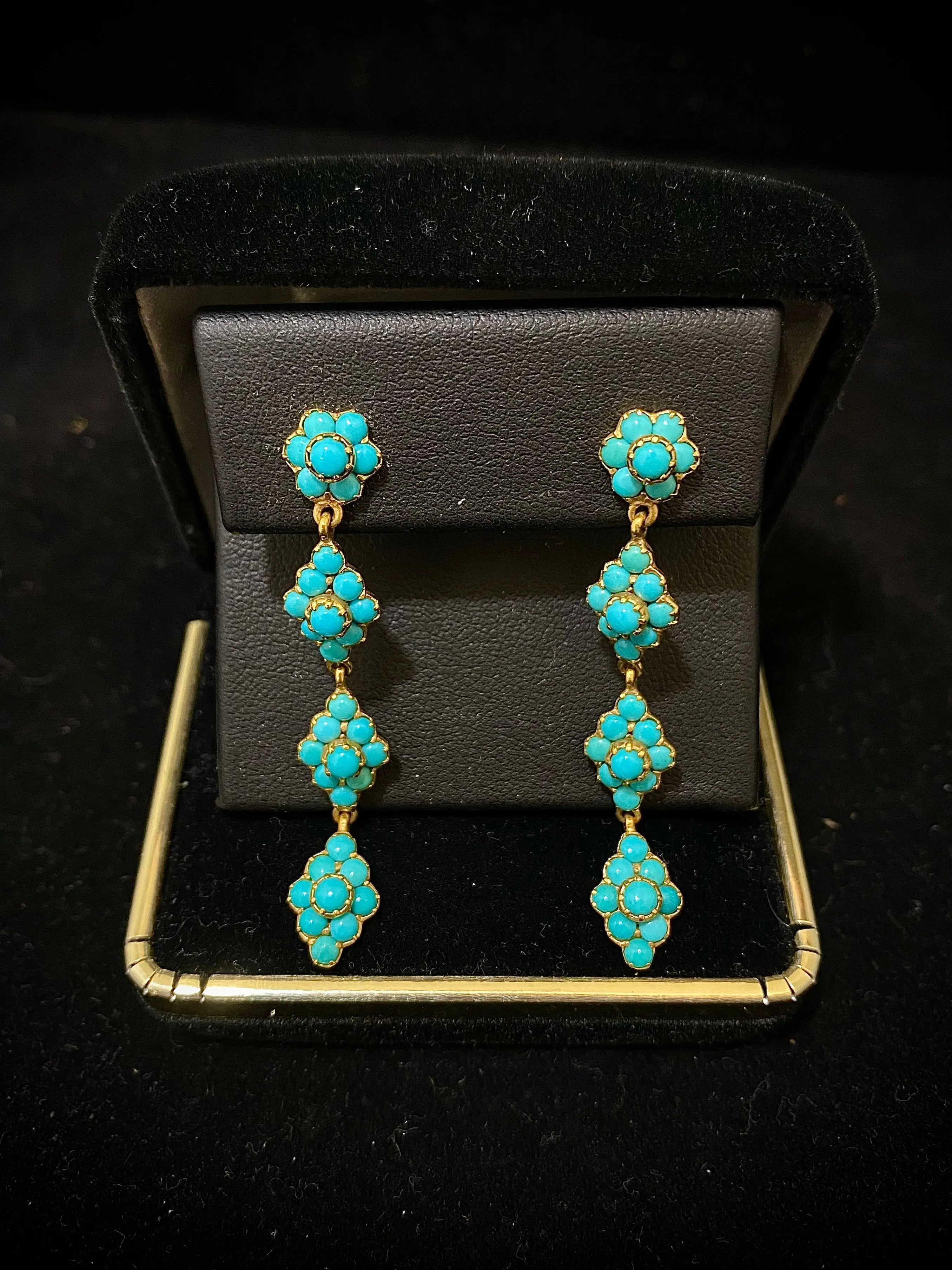 1940's Unique Designer 18K Yellow Gold, 68-Turquoise Dangle Earrings - $15K Appraisal Value w/CoA! }