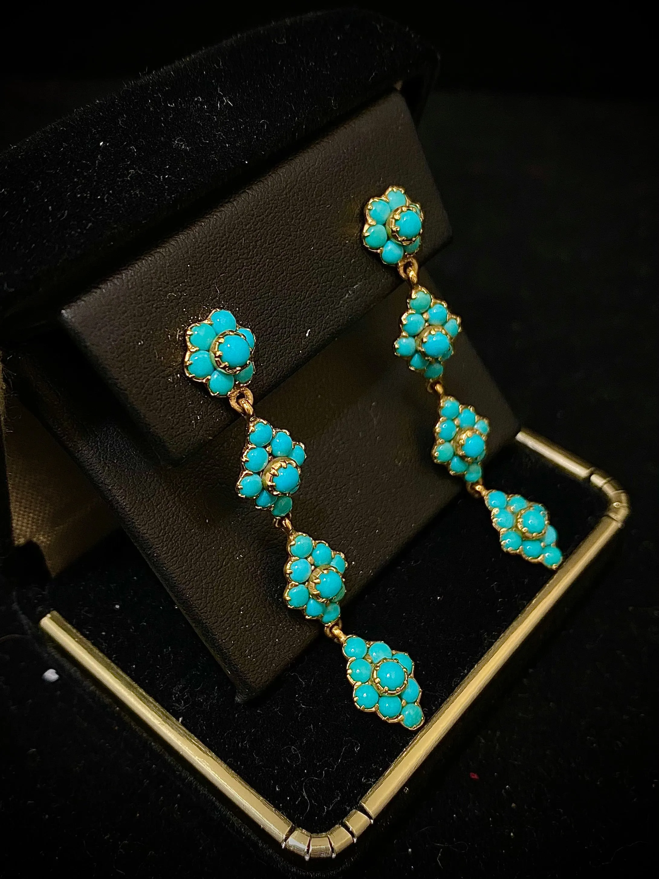 1940's Unique Designer 18K Yellow Gold, 68-Turquoise Dangle Earrings - $15K Appraisal Value w/CoA! }