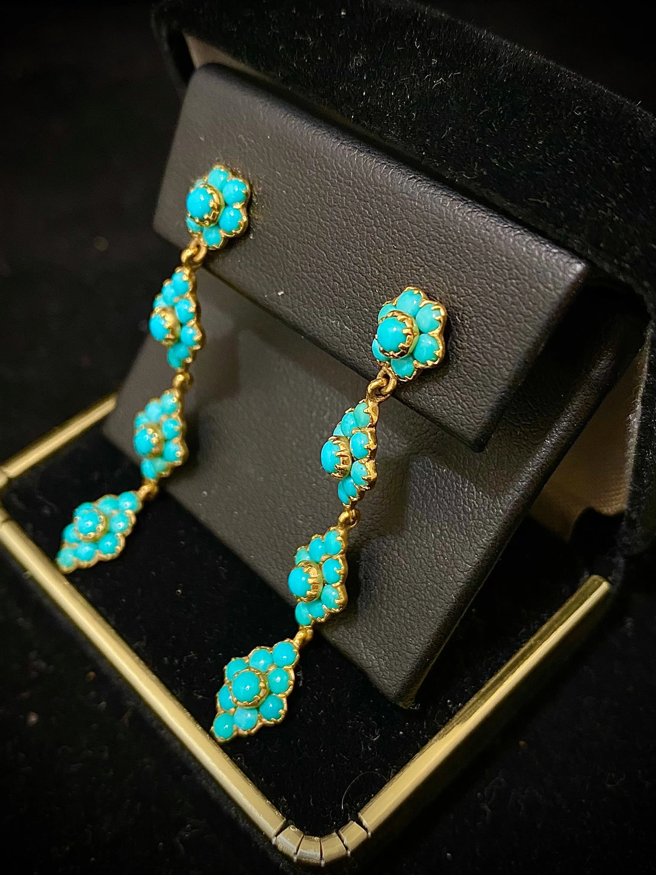 1940's Unique Designer 18K Yellow Gold, 68-Turquoise Dangle Earrings - $15K Appraisal Value w/CoA! }