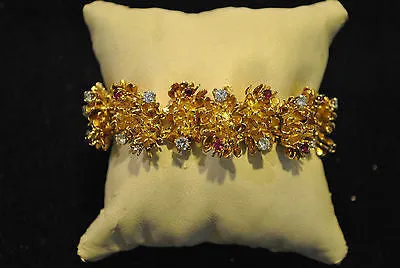 1940s Vintage Asprey Style 18K Yellow Gold Flower Link Bracelet with 5.33 Carats in Diamond & Ruby - $50K VALUE