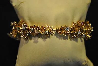 1940s Vintage Asprey Style 18K Yellow Gold Flower Link Bracelet with 5.33 Carats in Diamond & Ruby - $50K VALUE