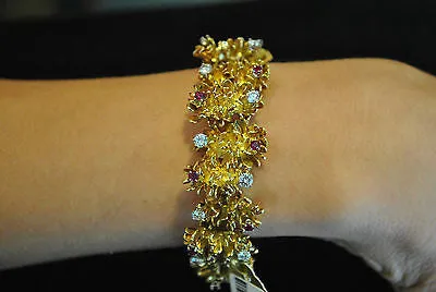 1940s Vintage Asprey Style 18K Yellow Gold Flower Link Bracelet with 5.33 Carats in Diamond & Ruby - $50K VALUE