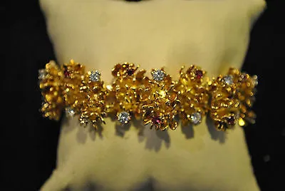 1940s Vintage Asprey Style 18K Yellow Gold Flower Link Bracelet with 5.33 Carats in Diamond & Ruby - $50K VALUE