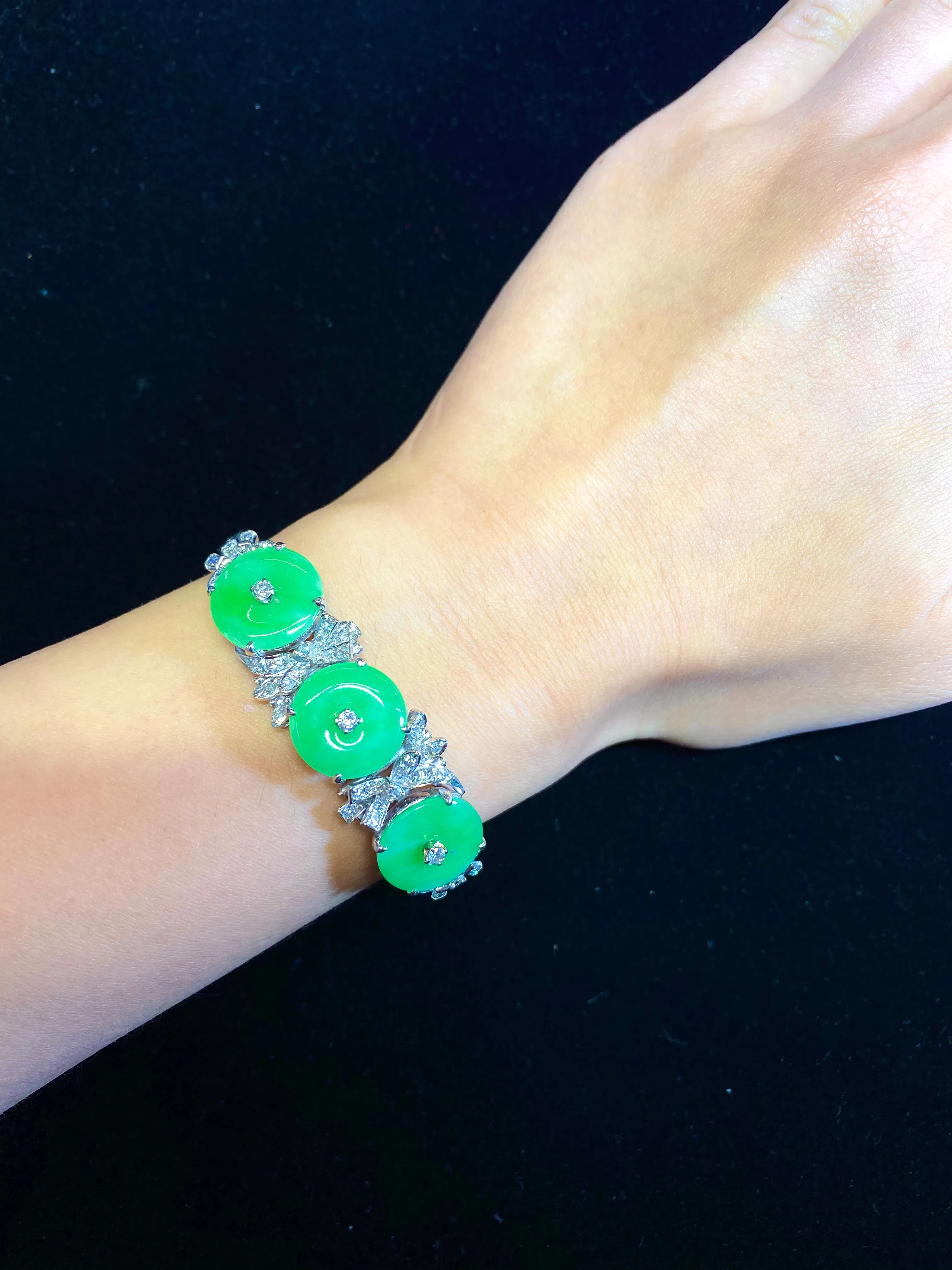 1940's Vintage Designer White Gold Diamond & Jadeite Bracelet - $15K APR Value w/ CoA!