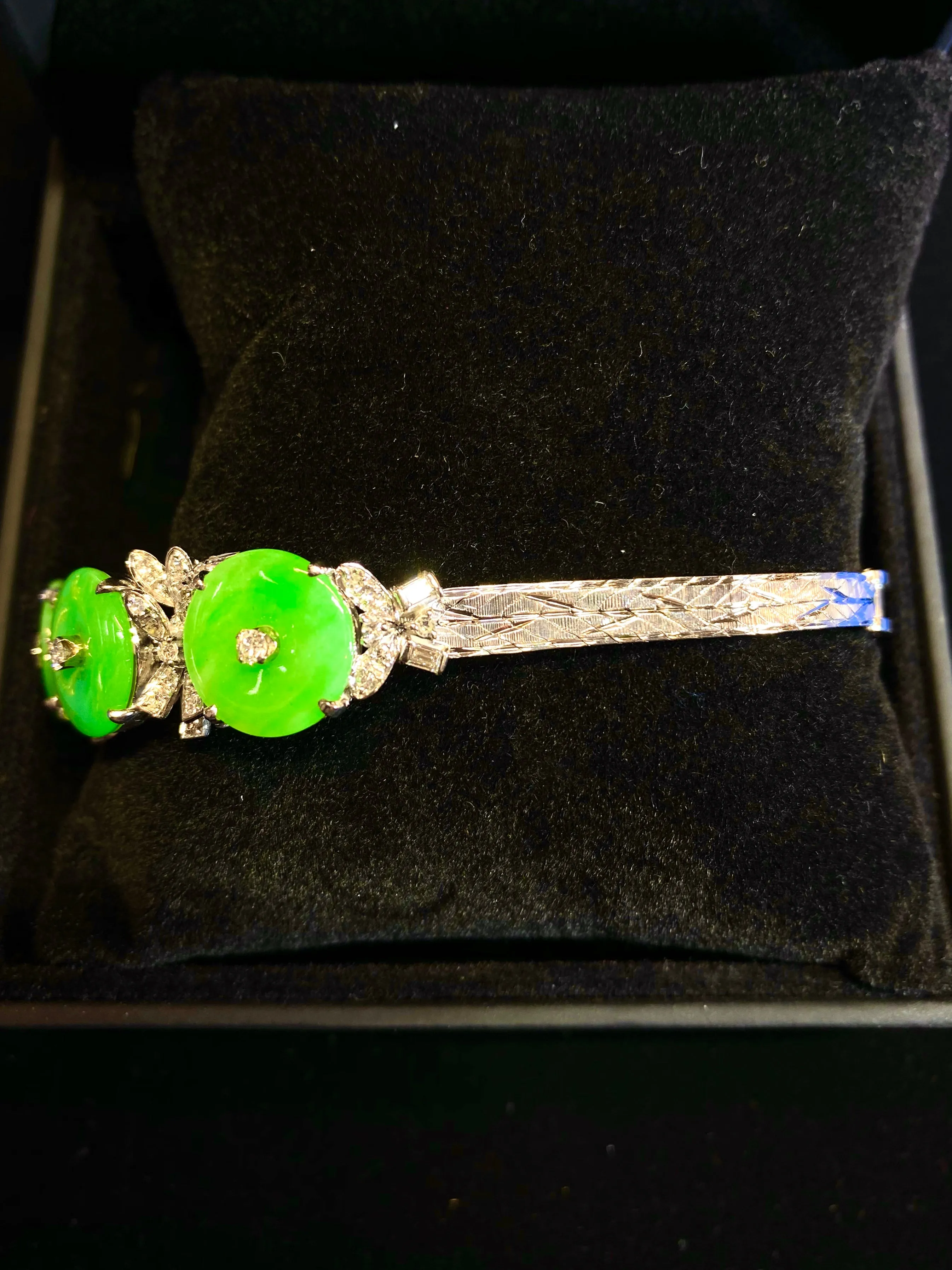 1940's Vintage Designer White Gold Diamond & Jadeite Bracelet - $15K APR Value w/ CoA!