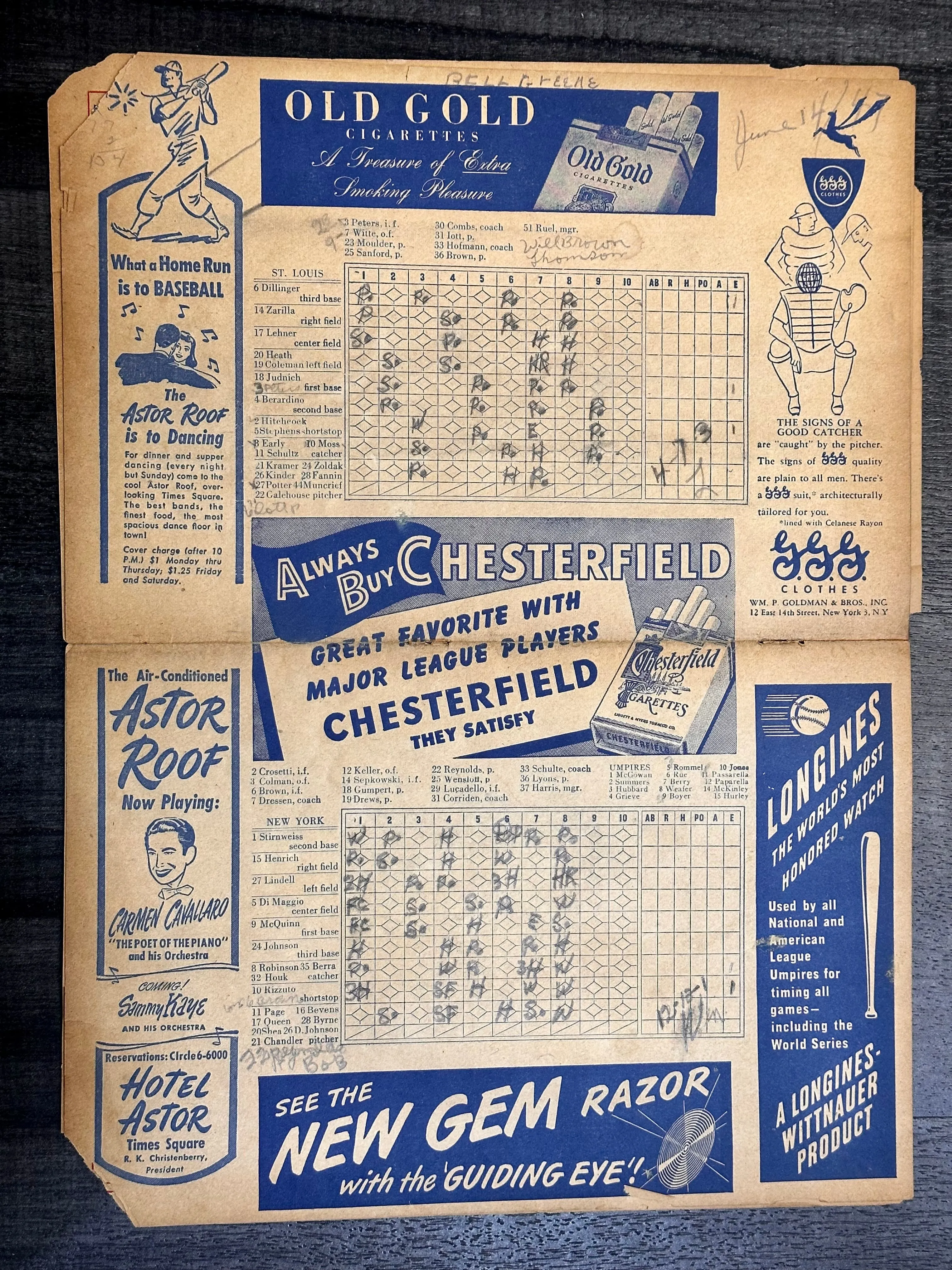 1947 NY Yankees vs. SL Cardinals Program with the Star Lineup - $600 APR w/ CoA!