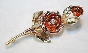 1950s Diamond Rose Brooch in Solid 14K Yellow & Rose Gold - $5K VALUE