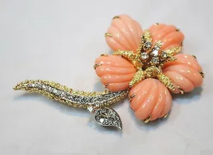 1950s Vintage Designer Angel Skin Pink Coral & Diamond Flower Brooch in 18K Yellow Gold - $25K VALUE