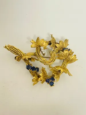 1950s Vintage Designer Sapphire & Diamond Floral Swirl Brooch in 18K Yellow Gold - $15K VALUE