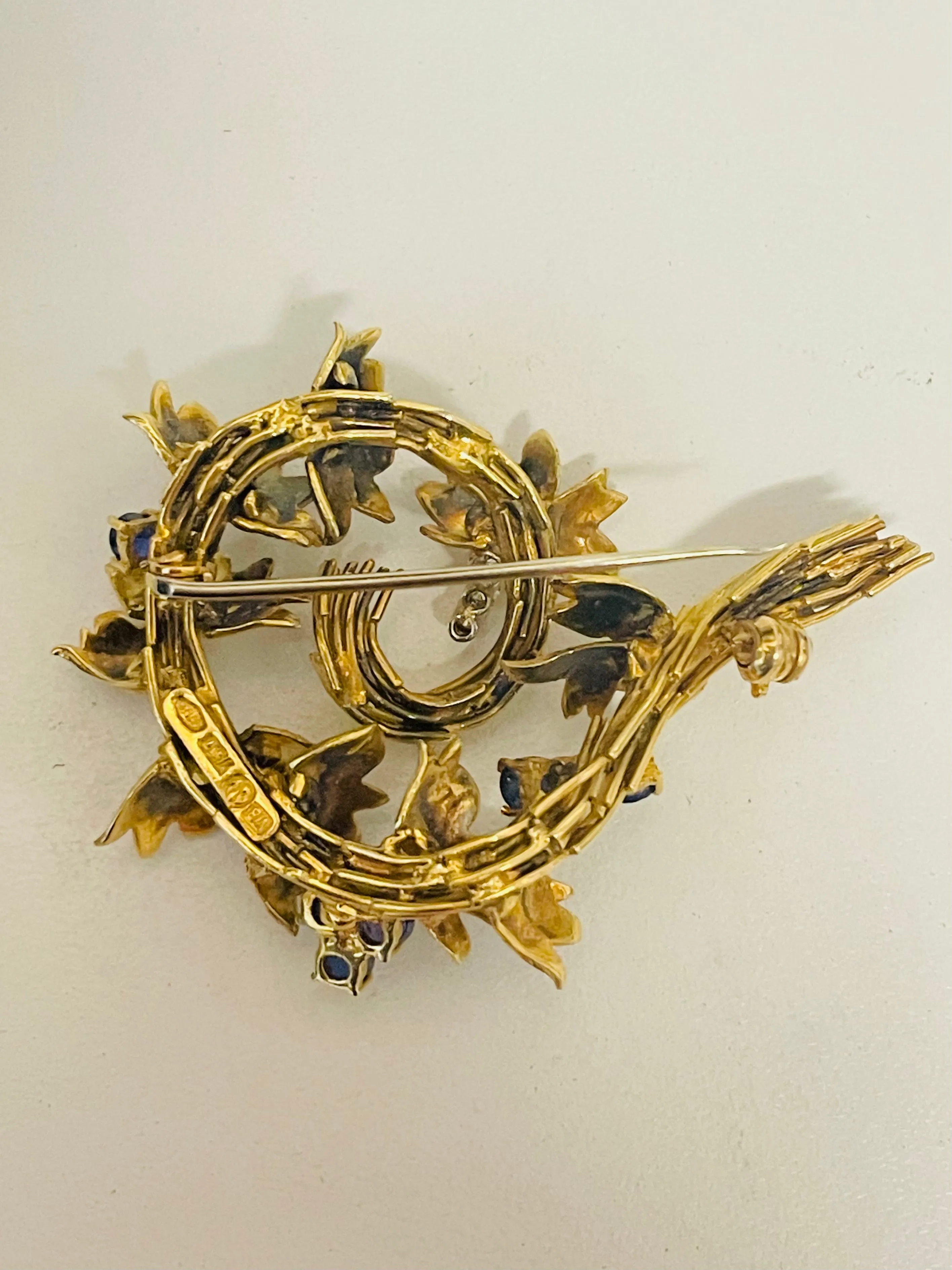 1950s Vintage Designer Sapphire & Diamond Floral Swirl Brooch in 18K Yellow Gold - $15K VALUE