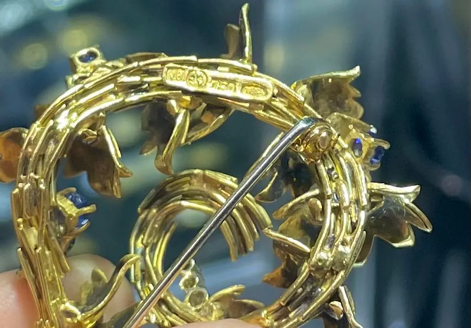 1950s Vintage Designer Sapphire & Diamond Floral Swirl Brooch in 18K Yellow Gold - $15K VALUE