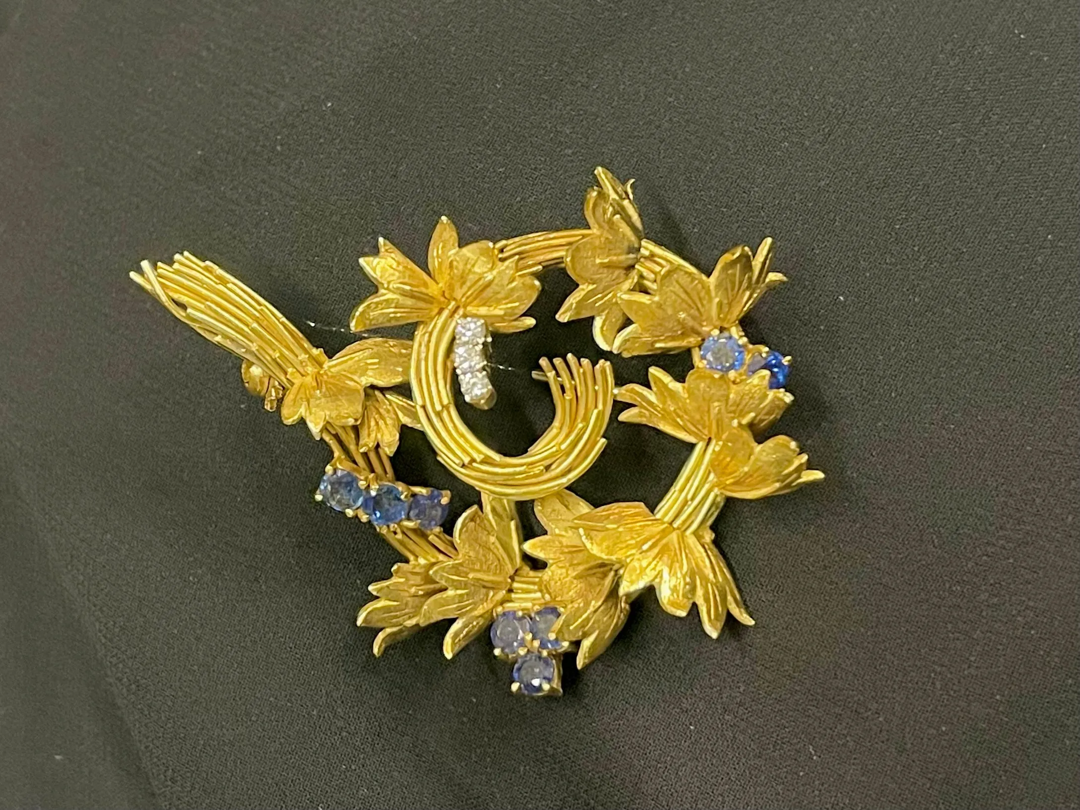 1950s Vintage Designer Sapphire & Diamond Floral Swirl Brooch in 18K Yellow Gold - $15K VALUE