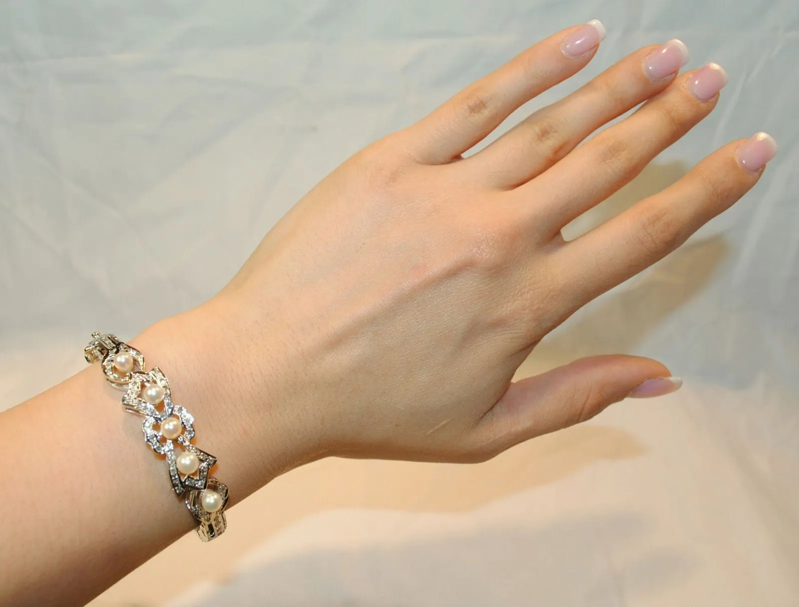 1950s Vintage Diamond & Pearl Hinged Bracelet in 14K White Gold - $15K VALUE