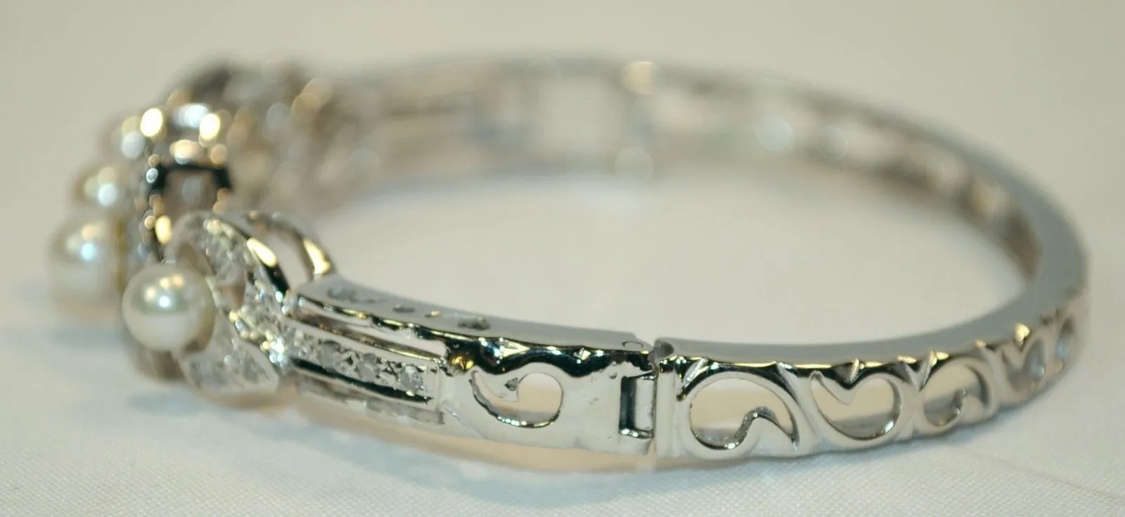 1950s Vintage Diamond & Pearl Hinged Bracelet in 14K White Gold - $15K VALUE