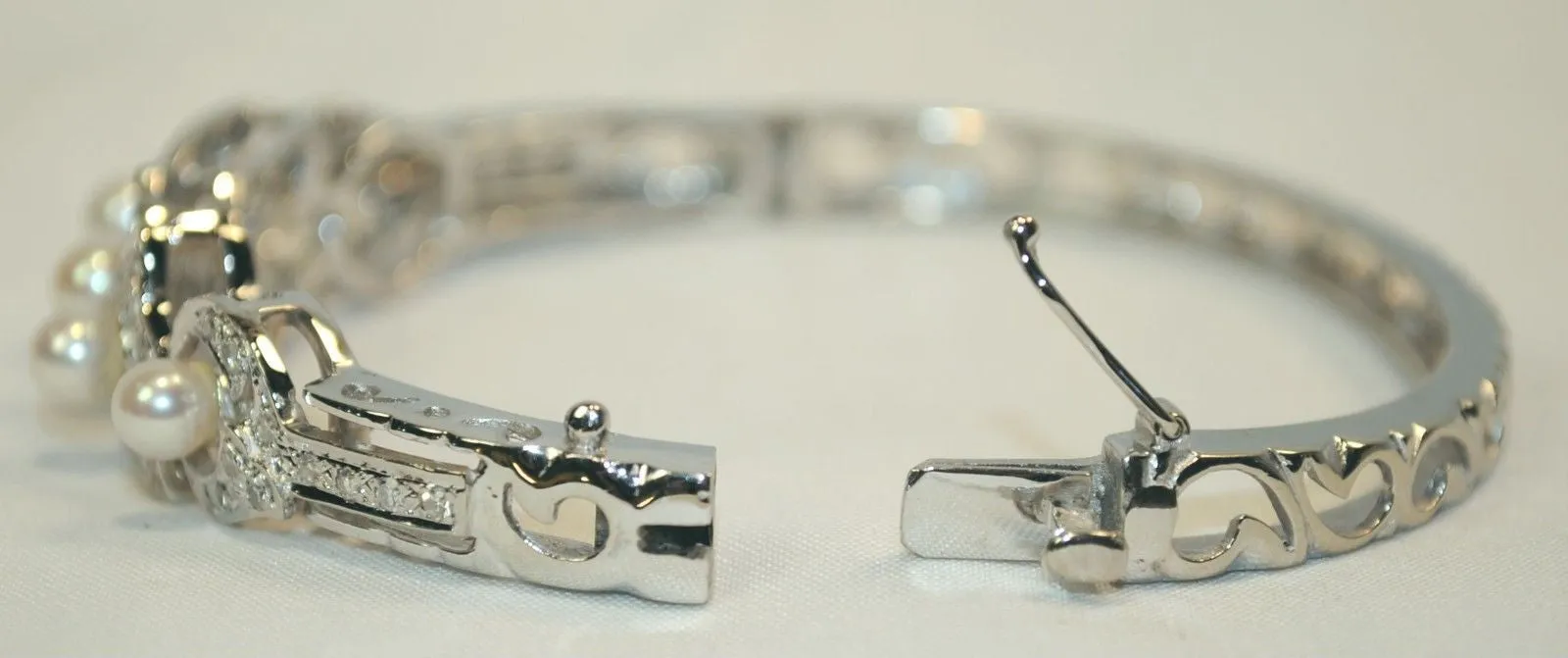 1950s Vintage Diamond & Pearl Hinged Bracelet in 14K White Gold - $15K VALUE