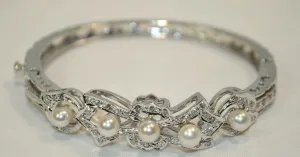 1950s Vintage Diamond & Pearl Hinged Bracelet in 14K White Gold - $15K VALUE