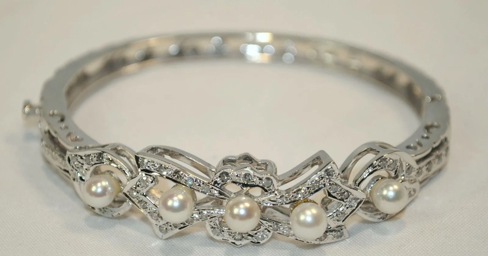 1950s Vintage Diamond & Pearl Hinged Bracelet in 14K White Gold - $15K VALUE