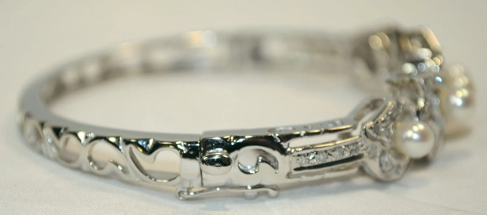 1950s Vintage Diamond & Pearl Hinged Bracelet in 14K White Gold - $15K VALUE