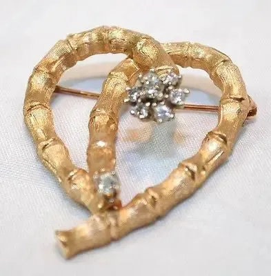 1960s Diamond Cluster Bamboo Heart Brooch in 14K Yellow Gold - $8K VALUE