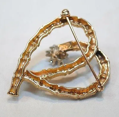 1960s Diamond Cluster Bamboo Heart Brooch in 14K Yellow Gold - $8K VALUE