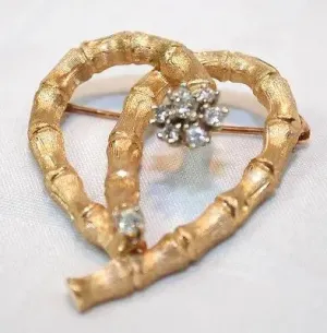 1960s Diamond Cluster Bamboo Heart Brooch in 14K Yellow Gold - $8K VALUE