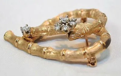 1960s Diamond Cluster Bamboo Heart Brooch in 14K Yellow Gold - $8K VALUE