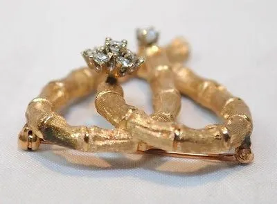 1960s Diamond Cluster Bamboo Heart Brooch in 14K Yellow Gold - $8K VALUE